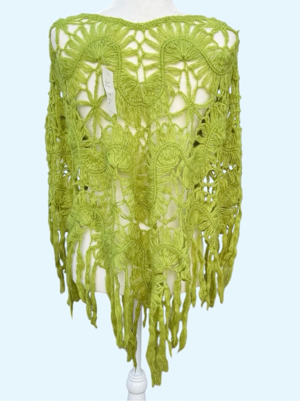 Lime Green & Silver Floral Open Weave Crochet Fringed Poncho Shawl Coverup, OS